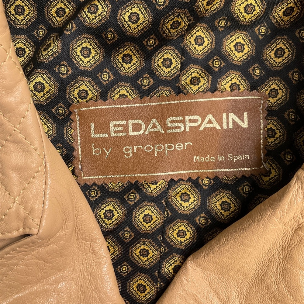 Gropper Leda Spain Coat Women 14 Tan Double Breast Leather Trench Quilt Longline - Picture 5 of 13